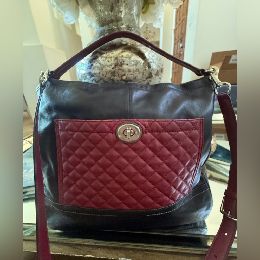Coach Park Leather Quilted Colorblock Shoulder Crossbody Purse Maroon Black/Red